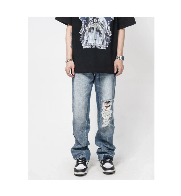 Men's straight-leg jeans with distressed detailing and a relaxed, comfortable fit