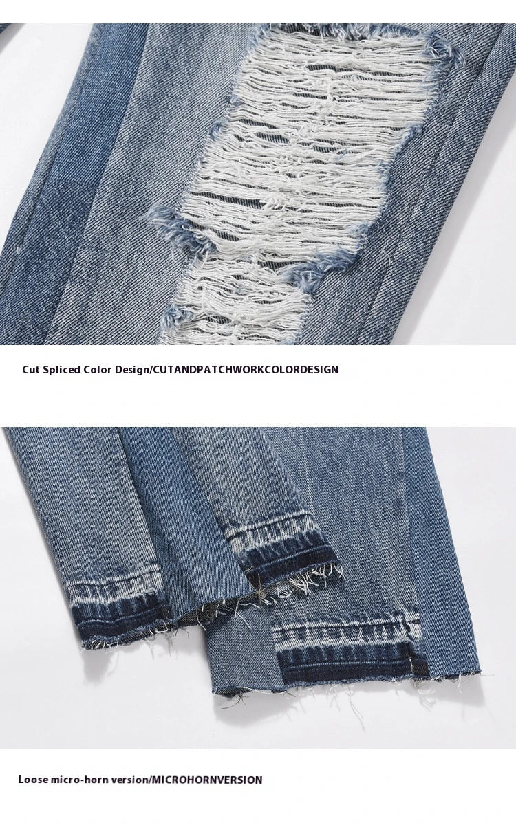 Men's straight-leg jeans with distressed detailing and a relaxed, comfortable fit