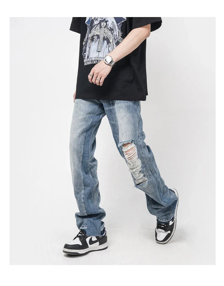 Men's straight-leg jeans with distressed detailing and a relaxed, comfortable fit