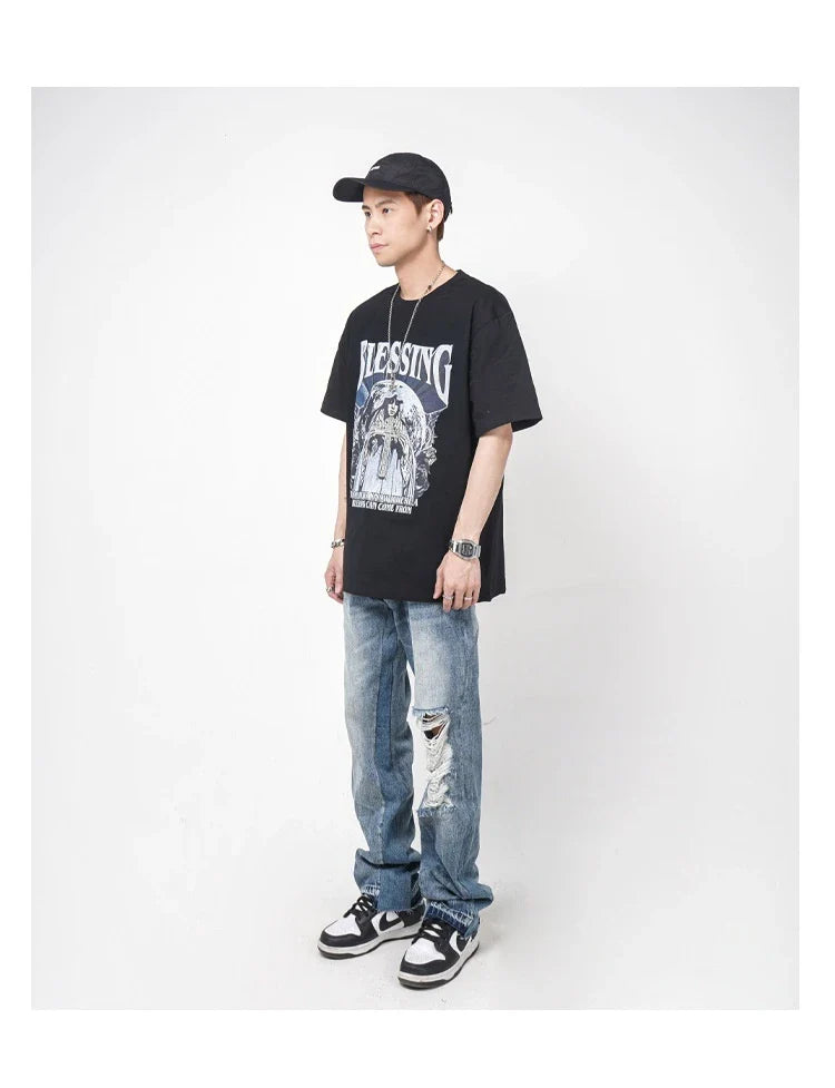 Men's straight-leg jeans with distressed detailing and a relaxed, comfortable fit
