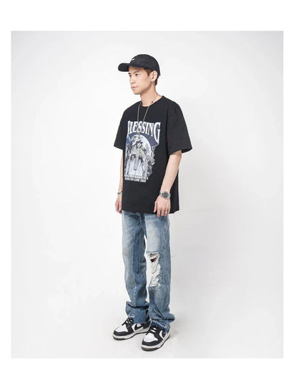 Men's straight-leg jeans with distressed detailing and a relaxed, comfortable fit