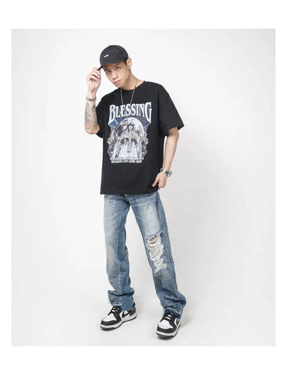 Men's straight-leg jeans with distressed detailing and a relaxed, comfortable fit