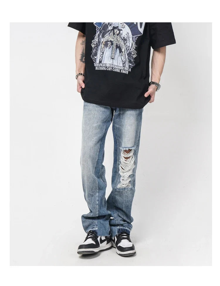 Men's straight-leg jeans with distressed detailing and a relaxed, comfortable fit