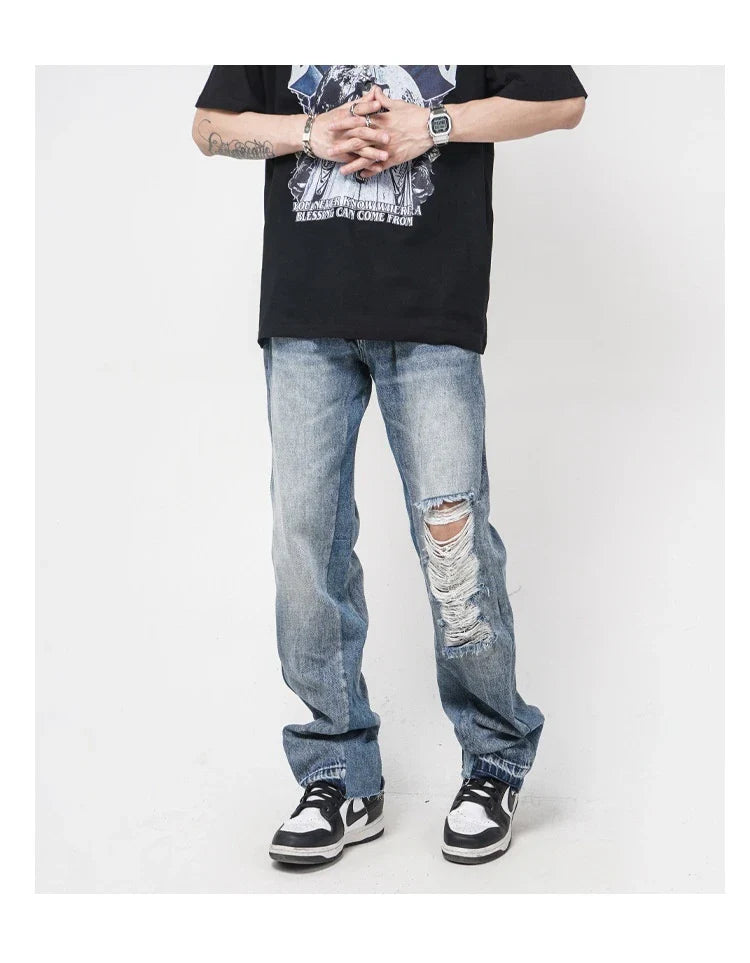 Men's straight-leg jeans with distressed detailing and a relaxed, comfortable fit