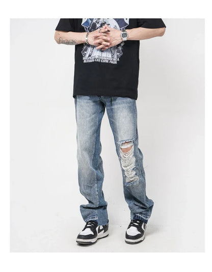 Men's straight-leg jeans with distressed detailing and a relaxed, comfortable fit