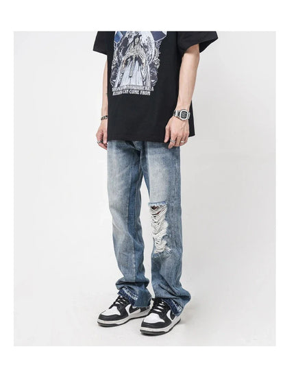 Men's straight-leg jeans with distressed detailing and a relaxed, comfortable fit
