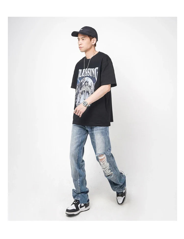 Men's straight-leg jeans with distressed detailing and a relaxed, comfortable fit