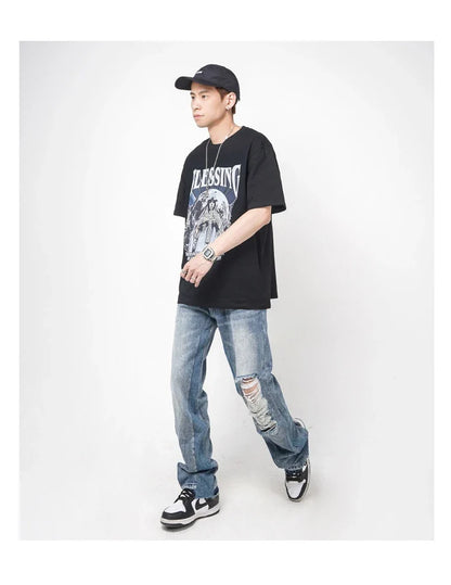 Men's straight-leg jeans with distressed detailing and a relaxed, comfortable fit