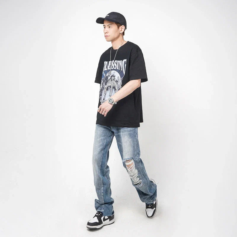 Men's straight-leg jeans with distressed detailing and a relaxed, comfortable fit