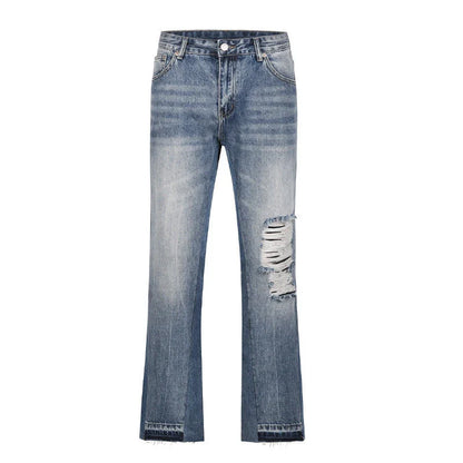 Men's straight-leg jeans with distressed detailing and a relaxed, comfortable fit