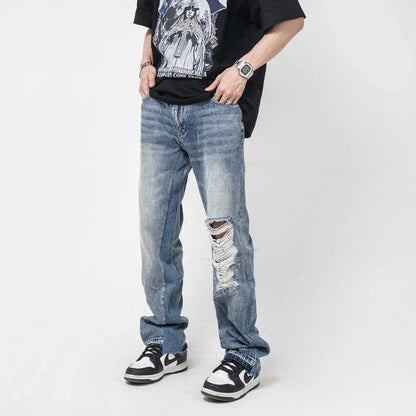 Men's straight-leg jeans with distressed detailing and a relaxed, comfortable fit