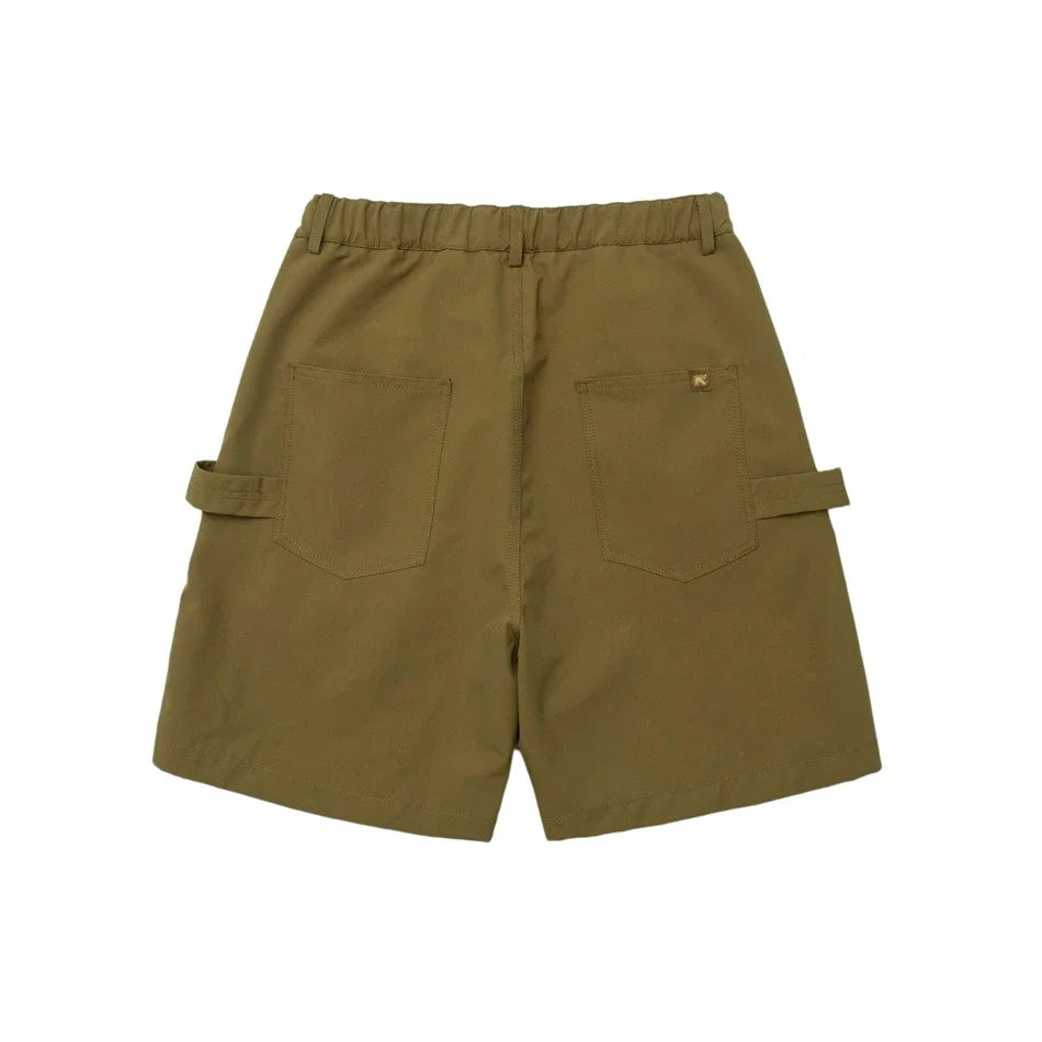 Japanese-style retro cargo shorts in khaki and black with adjustable waist and functional pockets