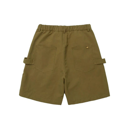 Japanese-style retro cargo shorts in khaki and black with adjustable waist and functional pockets