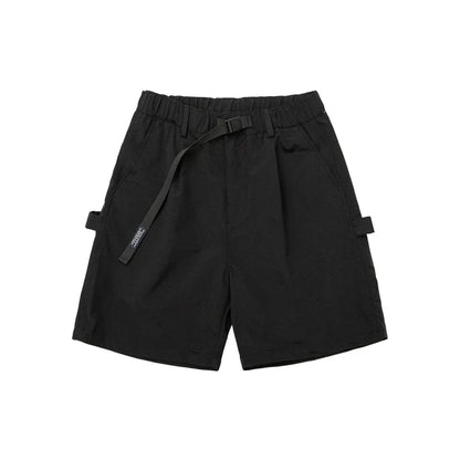 Japanese-style retro cargo shorts in khaki and black with adjustable waist and functional pockets