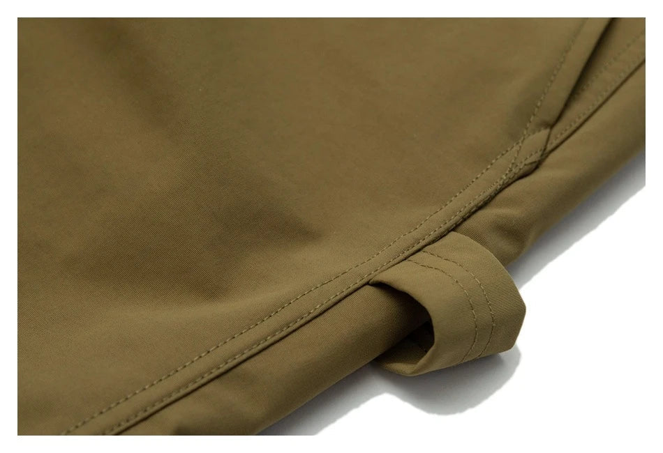 Japanese-style retro cargo shorts in khaki and black with adjustable waist and functional pockets