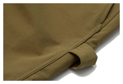 Japanese-style retro cargo shorts in khaki and black with adjustable waist and functional pockets