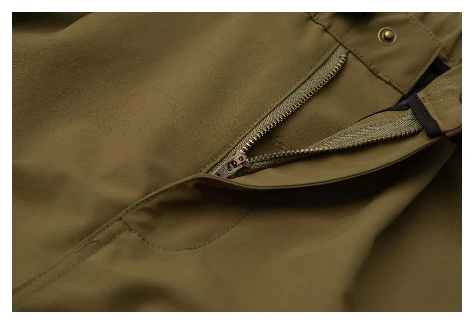 Japanese-style retro cargo shorts in khaki and black with adjustable waist and functional pockets