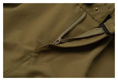 Japanese-style retro cargo shorts in khaki and black with adjustable waist and functional pockets