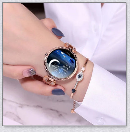 Melanda Women's Smart Watch with elegant rhinestone-adorned strap and advanced fitness tracking features