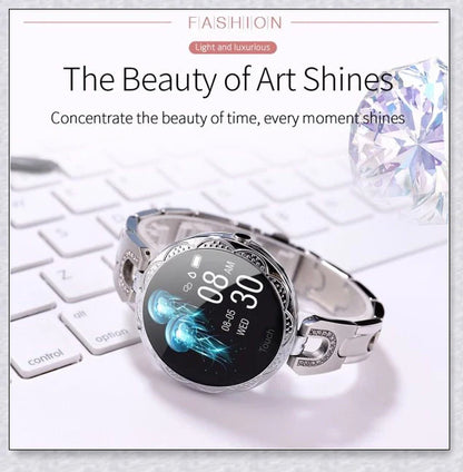 Melanda Women's Smart Watch with elegant rhinestone-adorned strap and advanced fitness tracking features