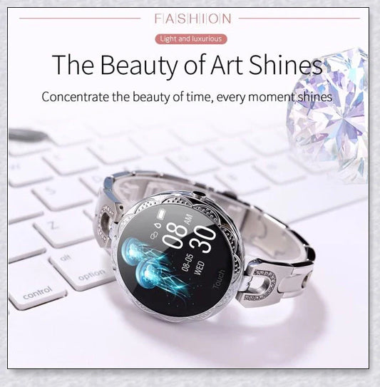 Melanda Women's Smart Watch with elegant rhinestone-adorned strap and advanced fitness tracking features