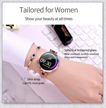 Melanda Women's Smart Watch with elegant rhinestone-adorned strap and advanced fitness tracking features