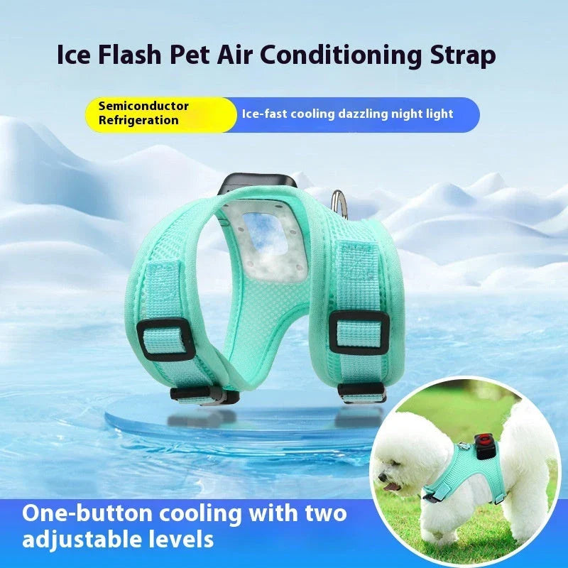 Cooling dog vest with air conditioner system, adjustable chest strap, and breathable nylon fabric design for comfortable outdoor use