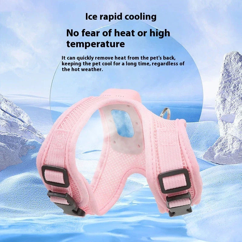 Cooling dog vest with air conditioner system, adjustable chest strap, and breathable nylon fabric design for comfortable outdoor use