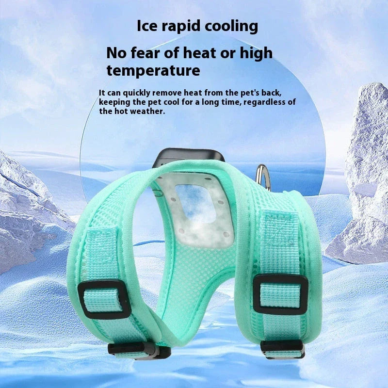 Cooling dog vest with air conditioner system, adjustable chest strap, and breathable nylon fabric design for comfortable outdoor use