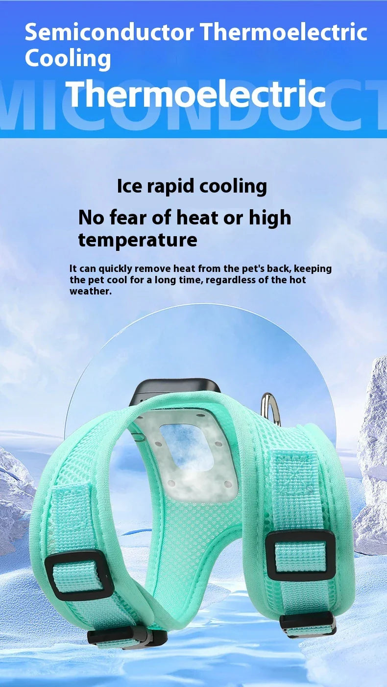 Cooling dog vest with air conditioner system, adjustable chest strap, and breathable nylon fabric design for comfortable outdoor use