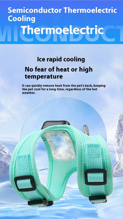Cooling dog vest with air conditioner system, adjustable chest strap, and breathable nylon fabric design for comfortable outdoor use