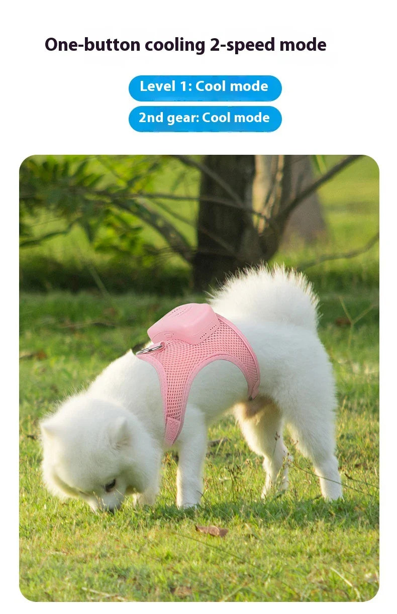 Cooling dog vest with air conditioner system, adjustable chest strap, and breathable nylon fabric design for comfortable outdoor use