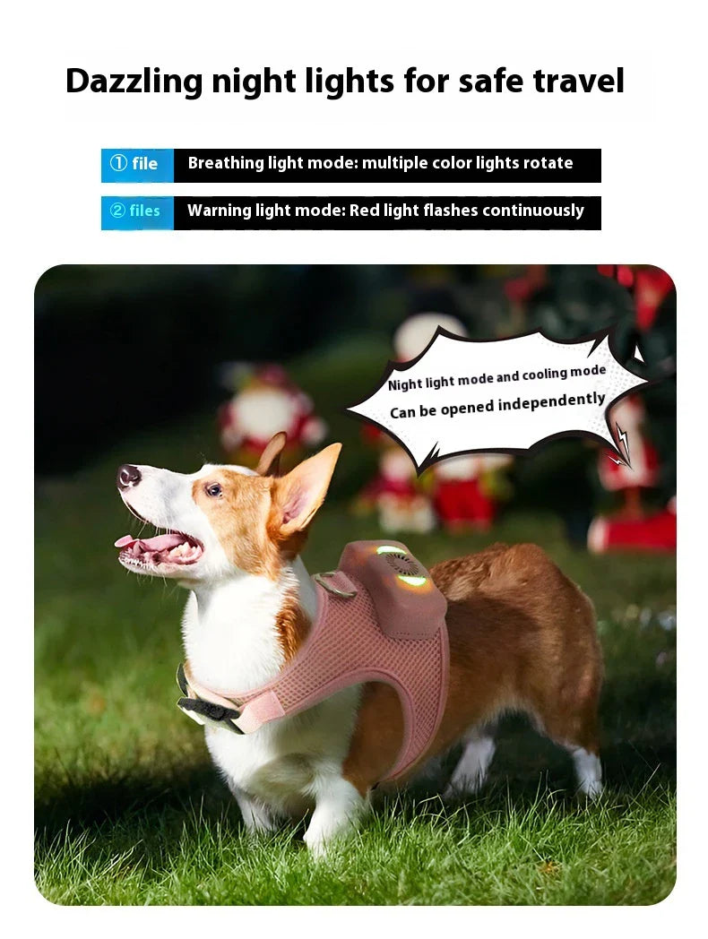 Cooling dog vest with air conditioner system, adjustable chest strap, and breathable nylon fabric design for comfortable outdoor use