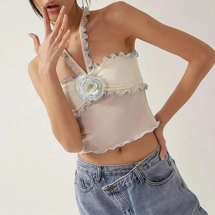 Floral Lace Splice Sleeveless Crop Top - Stylish and Sexy Summer Top with Backless Ruffle Design