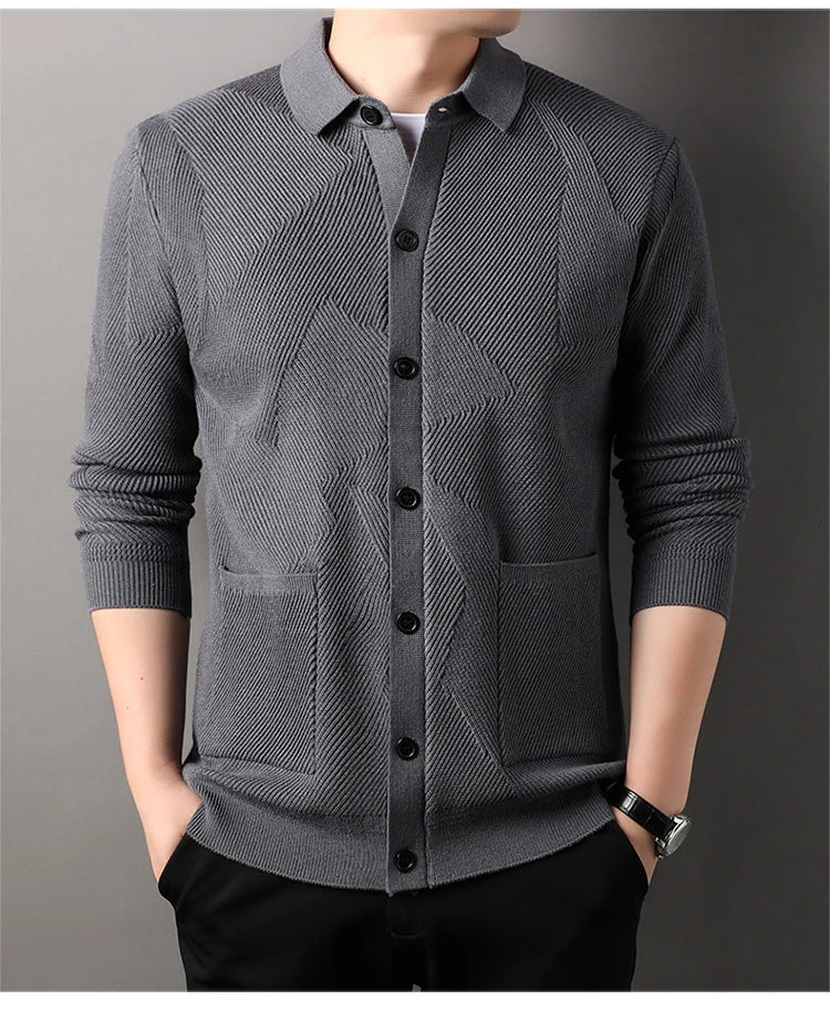 A sophisticated men's knitting sweater cardigan in a variety of stylish color options