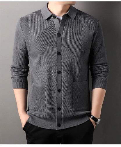 A sophisticated men's knitting sweater cardigan in a variety of stylish color options