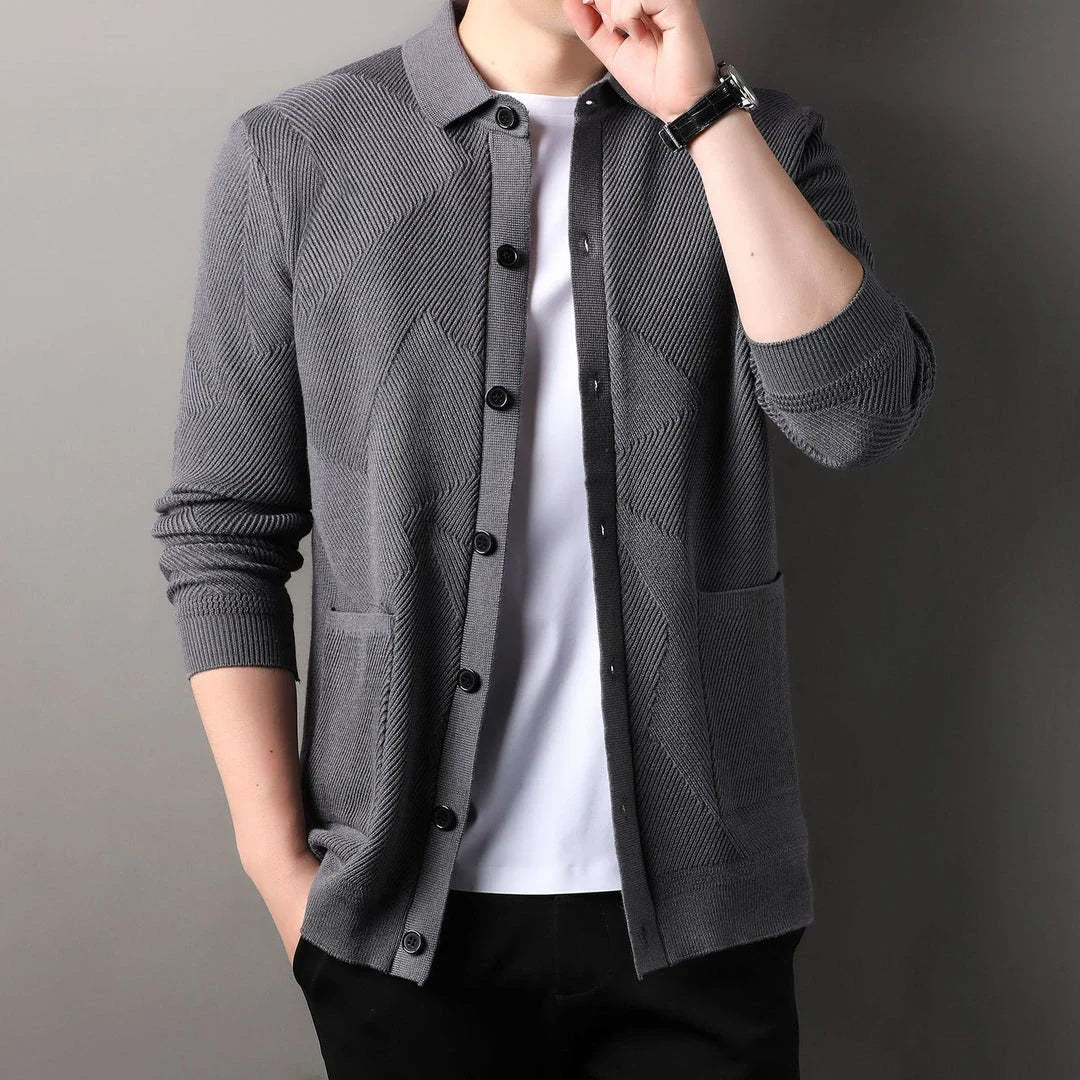 A sophisticated men's knitting sweater cardigan in a variety of stylish color options