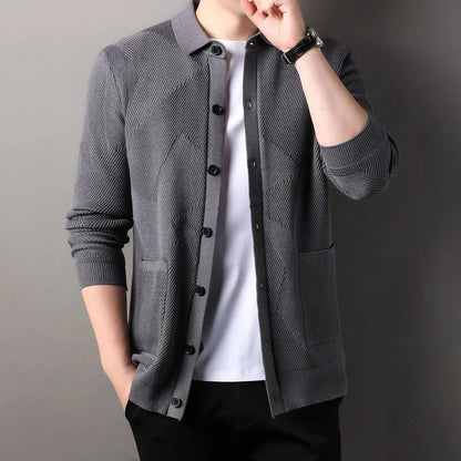 A sophisticated men's knitting sweater cardigan in a variety of stylish color options