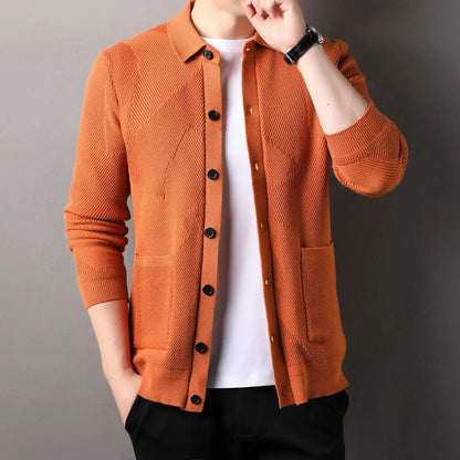 A sophisticated men's knitting sweater cardigan in a variety of stylish color options