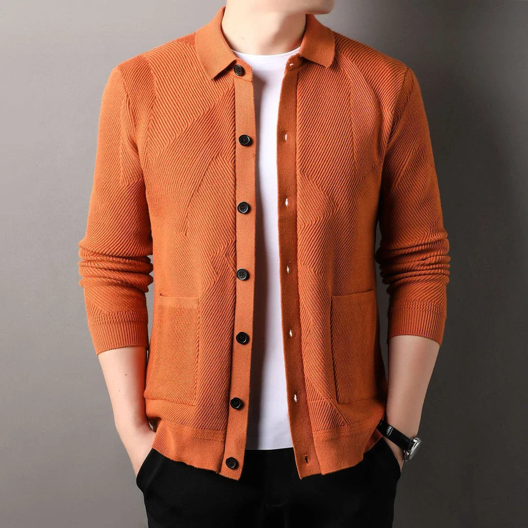 A sophisticated men's knitting sweater cardigan in a variety of stylish color options