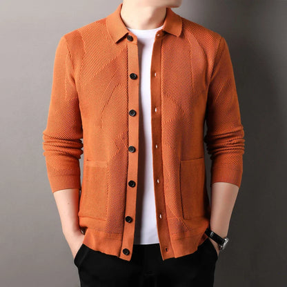 A sophisticated men's knitting sweater cardigan in a variety of stylish color options