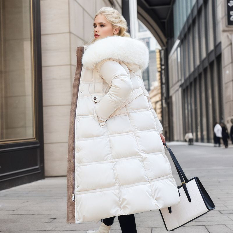 Hhomeenjoy Women's Long Slim-Fit Winter Jacket - Stylish Puffer Coat with Faux Fur Hood & Adjustable Belt