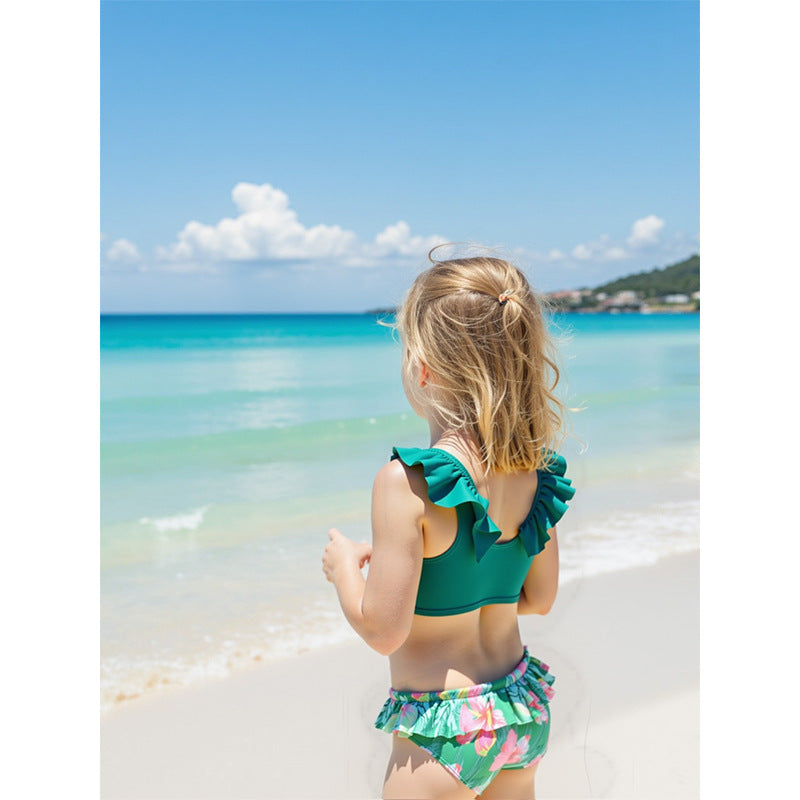 hhomeenjoy.com Girl's Green Bikini Swimsuit in Multiple Sizes-Adorable Little Kids Ruffle-Trim Bikini - Solid Color 2-Piece Girls Swimsuit Set