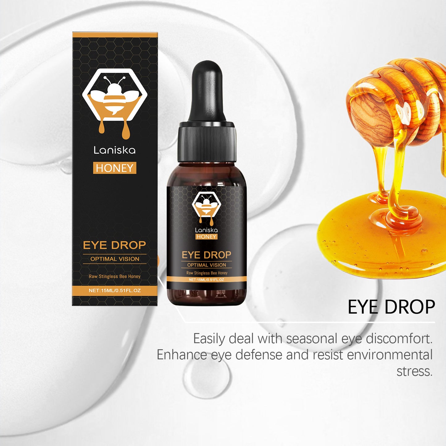 Honey-based eye drops with 15ml fluid capacity to relieve eye fatigue and discomfort using natural honey as the active ingredient alongside sorbitol and sodium hyaluronate