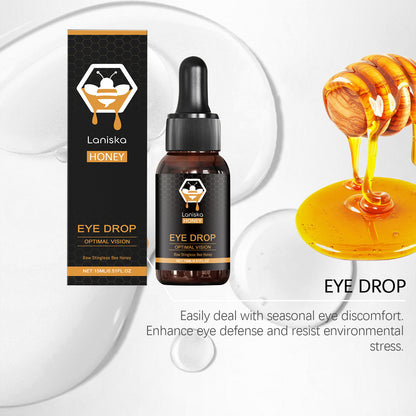 Honey-based eye drops with 15ml fluid capacity to relieve eye fatigue and discomfort using natural honey as the active ingredient alongside sorbitol and sodium hyaluronate