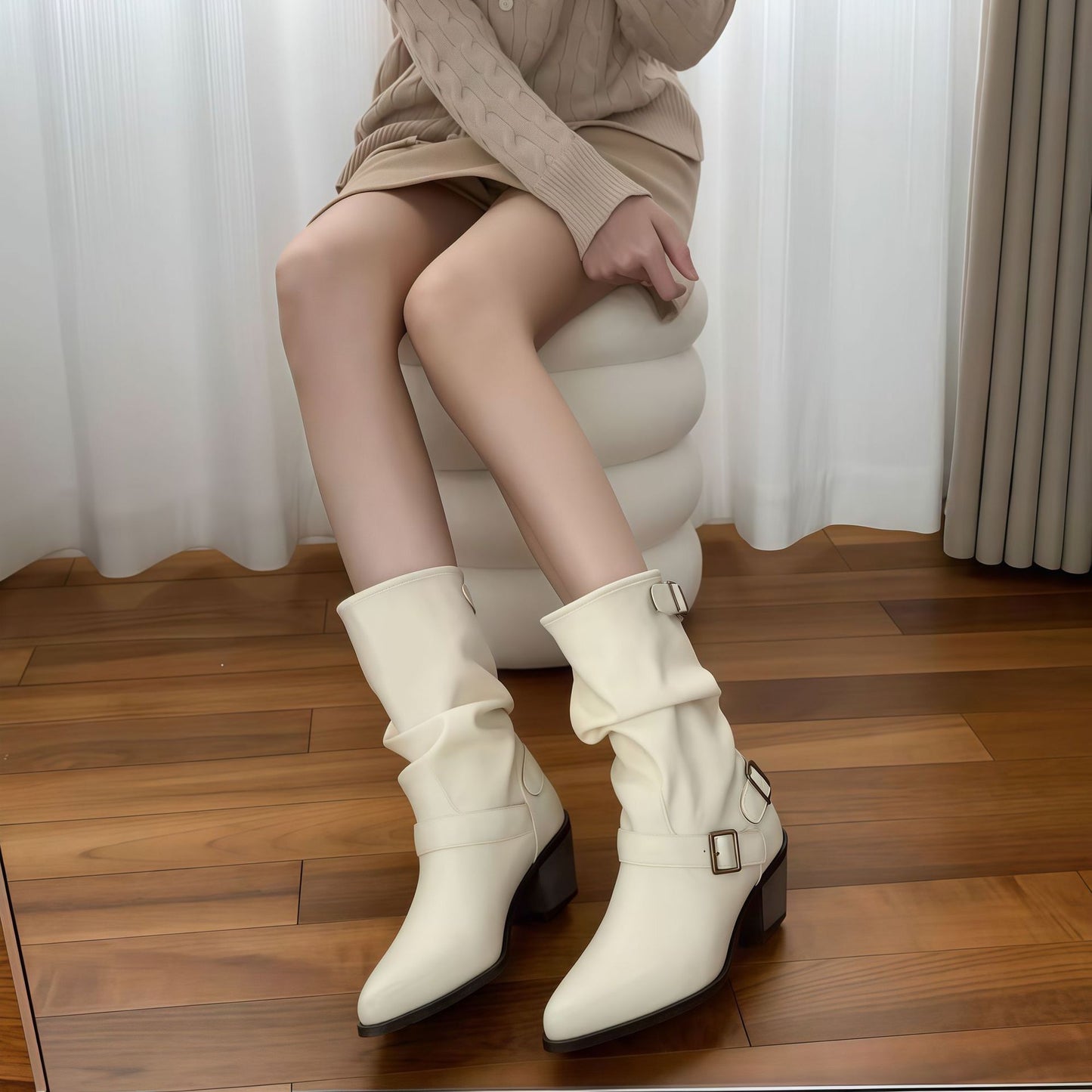 Women's chunky heel boots with a 2.5cm flat heel and middle calf length, available in white and khaki colours across sizes 35-42, featuring PU upper material and viscose sole construction for all-day wear.
