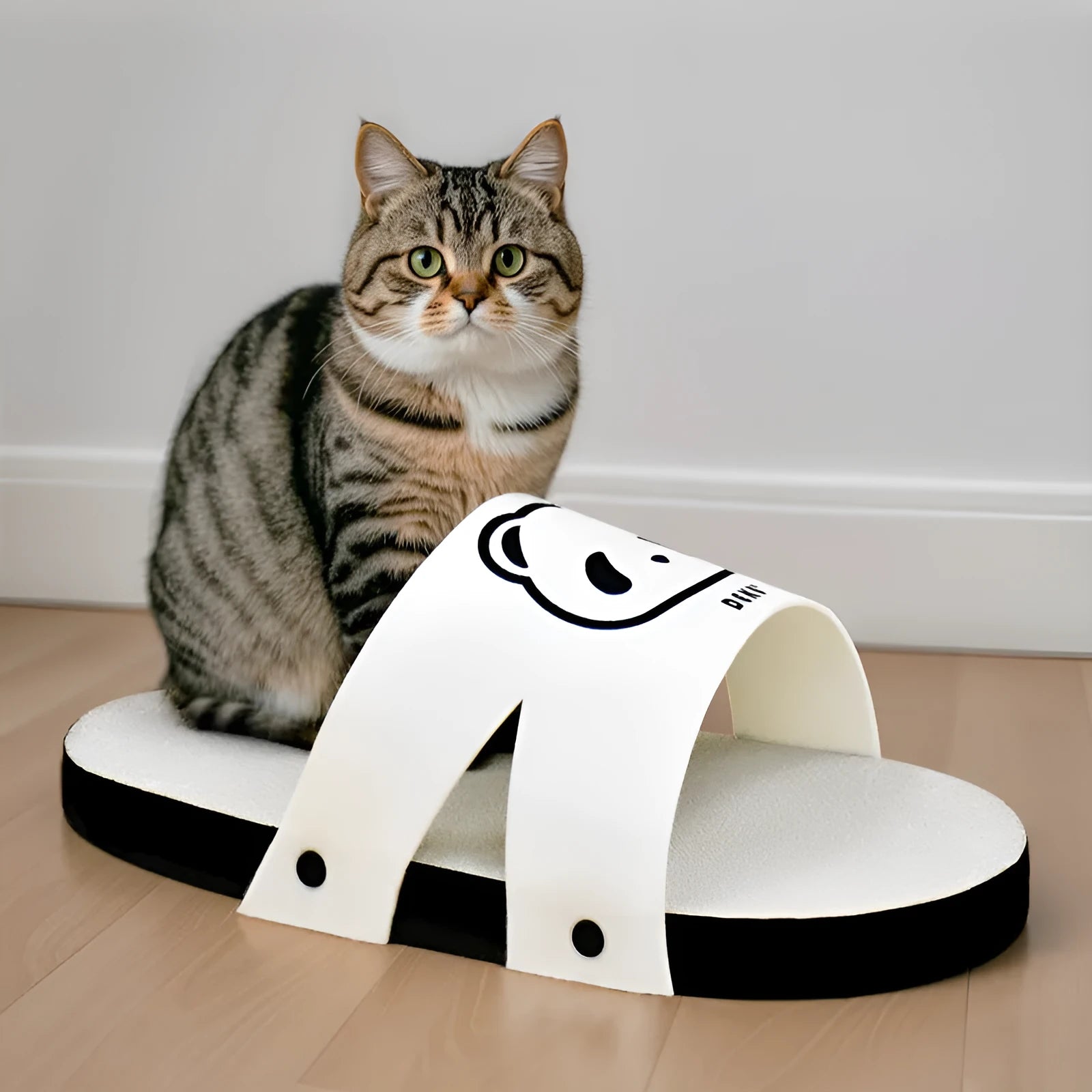 White slipper-style cat scratch board made from corrugated paper