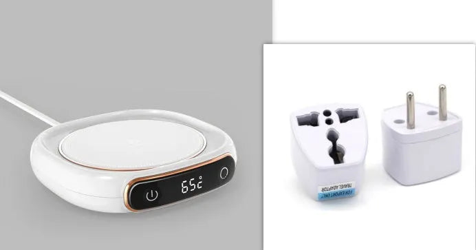 White USB coffee mug warmer heating pad on wooden desk