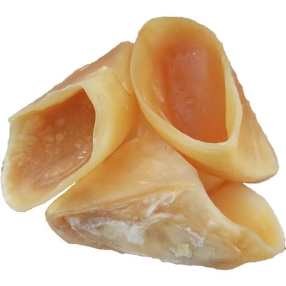 Natural cowhide dog grinding rod with hoof shell colour containing edible cutin, shown in small and large size options