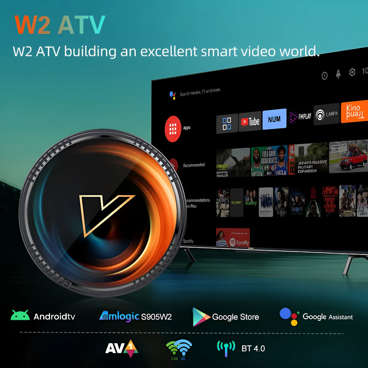 Black W2 ATV Android TV Box with AndroidTV 11, Amlogic S905W2, dual WiFi, HDMI 2.1, and 2.4G remote control